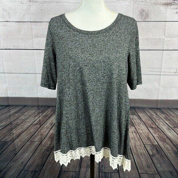 Pure White Top Shirt Womens Large Gray Lace Crochet Stretch Basic Casual - Picture 1 of 12